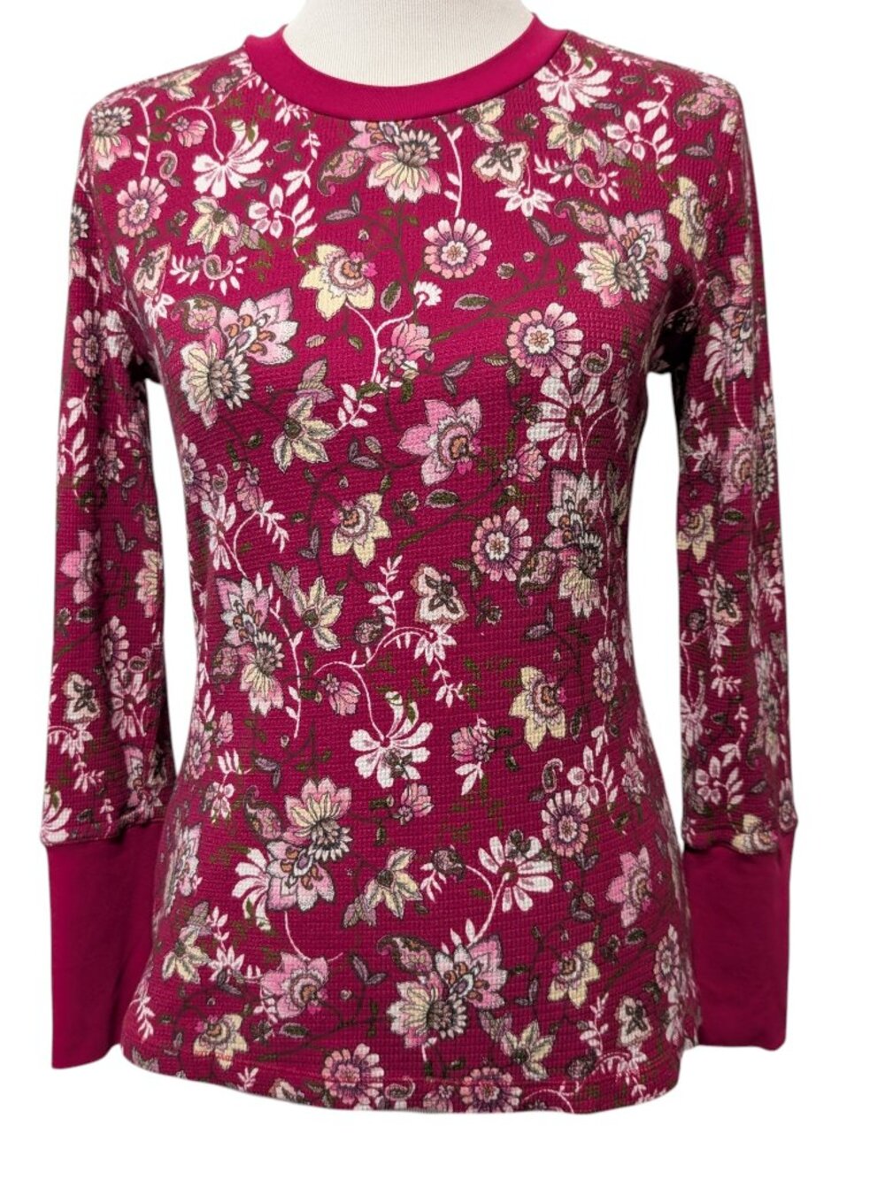 Sundance Womens Size M Loretta Cranberry Floral Waffle Knit Thermal Pullover Top